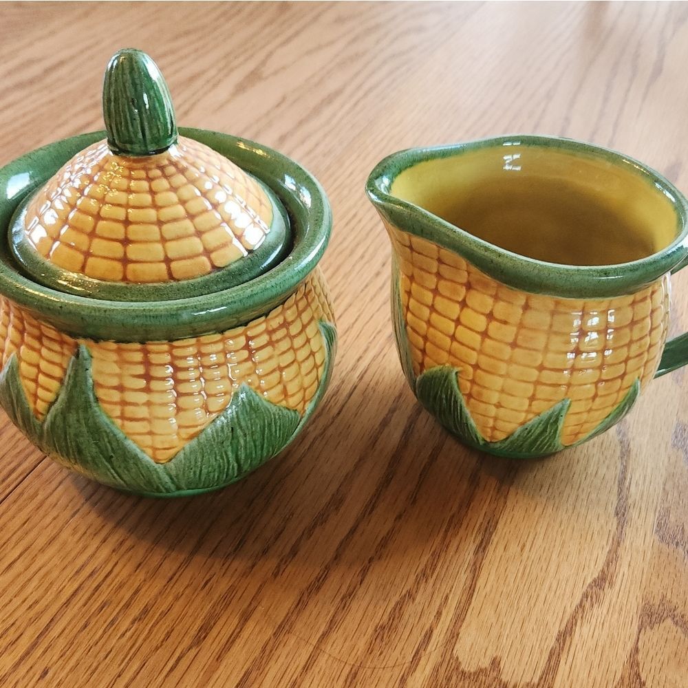Corn on the Cob ceramic cream and sugar yellow and green server set decor